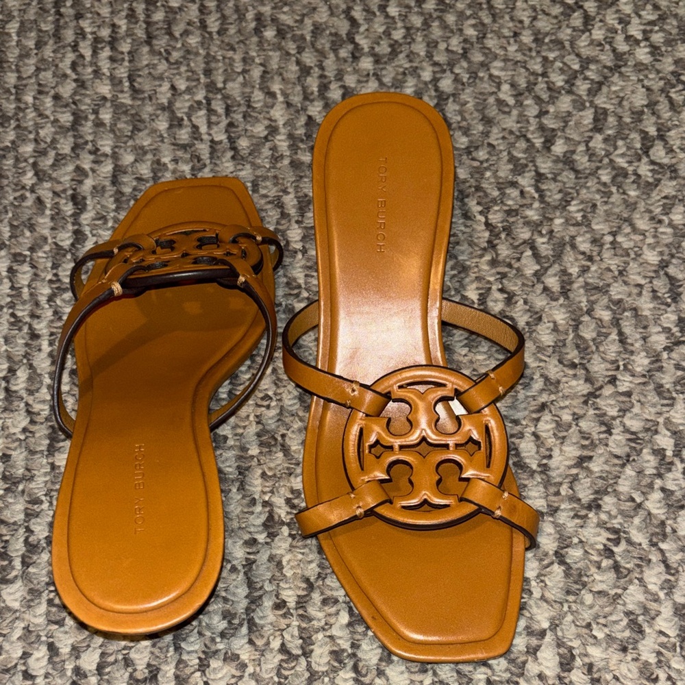 Tory Burch Cognac Leather Miller Cutout Kitten Heel